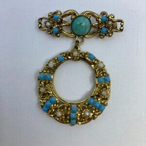 Vtg CZECHO ? brass gold tone filigree bow decoration medal brooch